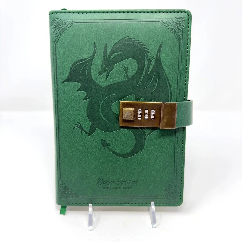 Tiefossi Dragon Notebook Journal Combination Lock Faux Leather Green Lined Pages